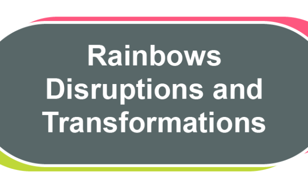 Image says "Rainbows, Disruptions and Transformations" in white font on a grey background inside an oblong shape which has a white outline. Along the top and right side there is a pink outline and along the bottom and left side there is a green outline.