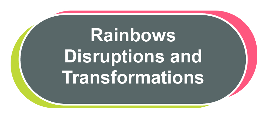 Image says "Rainbows, Disruptions and Transformations" in white font on a grey background inside an oblong shape which has a white outline. Along the top and right side there is a pink outline and along the bottom and left side there is a green outline.