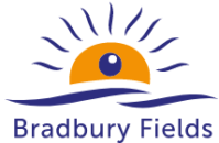 Bradbury Fields has an image of a yellow sun with sun rays above which could also be seen as an eye with eyelashes. The organisation name is below this.