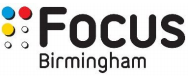 Focus Birmingham logo says "Focus Birmingham" in black font on a white background. To the left is the letter "F" in Braille.