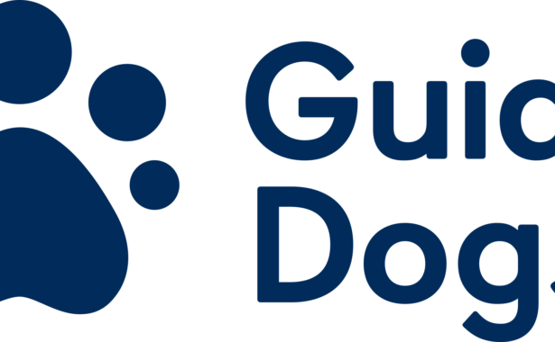 Image is the Guide Dogs logo in navy blue text. There is a paw print the left of the text.