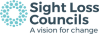 Sight Loss Council logo has a circle with three rings of different sized circles in light blue and white space in the centre. Next to this on the right, it says “Sight Loss Councils” with strapline “A vision for change”.