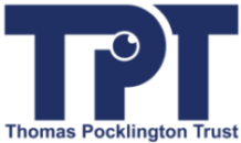 Thomas Pocklington Trust logo. Large TPT letters with the words Thomas Pocklington Trust underneath enclosed in a rectangle. Letters, words and the rectangle border are a dark blue. Within the P of TPT is a small round eye looking upwards.