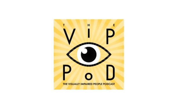 Square podcast logo with a soft yellow background and sunrays coming out of the centre. Large black and white cartoon eye with the text ‘The VIP Pod: The Visually Impaired People Podcast’ around the eye.