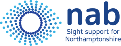 Northamptonshire Association for the Blind logo says “NAB” with a strapline underneath “Sight support for Northamptonshire”. On the left hand side is an image of an eye made up of dots with going from dark blue on the inside to light blue on the outside.