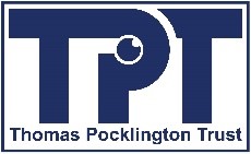 Large TPT letters with the words Thomas Pocklington Trust underneath enclosed in a rectangle. Letters, words and the rectangle border are a dark blue. Within the P of TPT is a small round eye looking upwards.