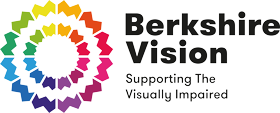 Berkshire Vision logo has a rainbow coloured circle on the left hand side and another smaller rainbow circle coloured inside. On the right hand side it says “Berkshire Vision Supporting the Visually Impaired”.