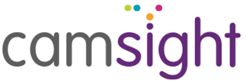 Cam Sight logo. Letters ‘cam’ are grey in colour and ‘sight’ lettering is purple. Blue, green, pink and yellow dots above the ‘i’ represent Braille letters CS