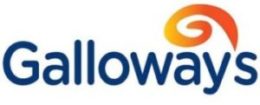 Galloway's Society for the Blind logo says "Galloway's" in dark blue font on a white background. The apostrophe is large and on it's side over the letters "a" and "y", coloured in yellow and orange shades.