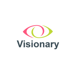 Visionary logo on a white background. Above the word "Visionary" is a stylised eye with one section in lime green and one section in pink.