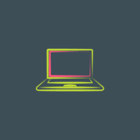 Image is a green and pink sketch line drawing of a laptop against a grey background
