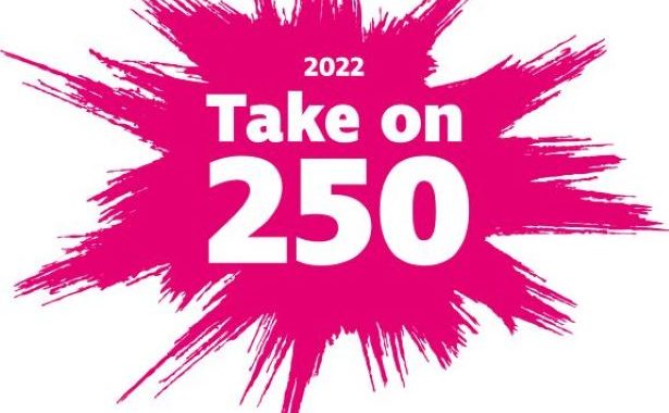 Take on 250 logo on a pink splash background with white font.