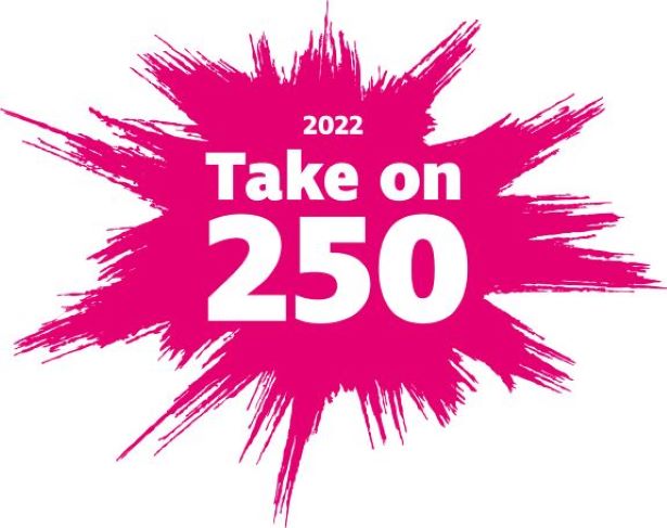 Take on 250 logo on a pink splash background with white font.