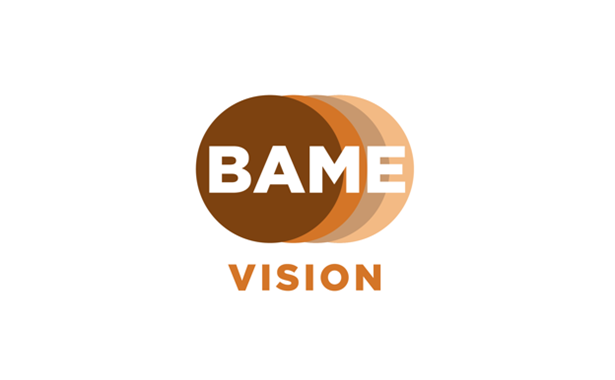 BAME Vision logo - 4 solid circles interlinked, colours left to right, Brown, Tan, Coffee and Beige. The word BAME written in white within and Vision written underneath in tan.