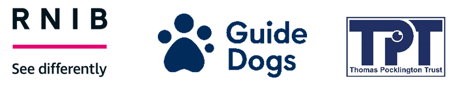 Image is the logos for RNIB, Guide Dogs UK ad TPT