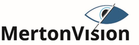 Merton Vision logo with an eye in the top right corner which has half the eye on the right side shaded in blue.