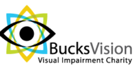 Bucks Vision logo with an image of an eye overlapping rotating in different colours, creating an eight point star shape. At the bottom right it says “BucksVision Visual Impairment Charity”.