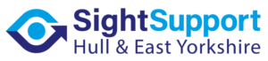 Sight Support Hull & East Yorkshire logo with name on the right hand side and drawing of an eye in light and dark blue on the left hand side.