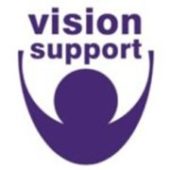 Vision Support logo in purple on a white background with image of a person with arms in the air below the organisation's name.