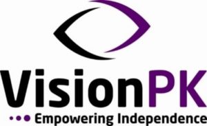 VisionPK logo with outline of an eye at the top and at the bottom strapline “Empowering Independence”