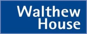 Walthew House logo in white font on a blue background.