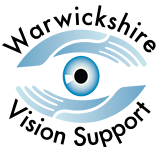 Warwickshire Vision Support logo - A hand curved above and below an iris in the shape of an eye. Above it says "Warwickshire" and below "Vision Support".