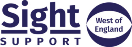 Sight Support West of England logo in blue font on white background says “Sight Support” on the left hand side and “West of England” in the centre of an eye on the right hand side.