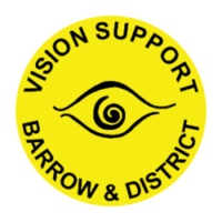 Vision Support Barrow & District logo. Yellow circle with black text around the outside and drawing of an eye in the centre.