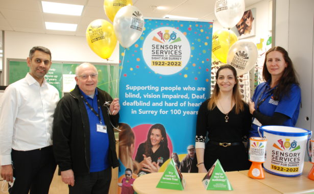 Amit and Mihaela from Specsavers Kiln Lane with Brian and Samantha from Sight for Surrey in Specsavers store fundraising.