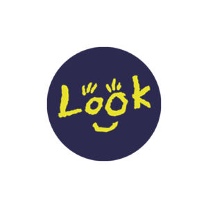 Dark blue circle with LOOK written in the middle in yellow writing the OO of LOOK have been made to look like eyes.