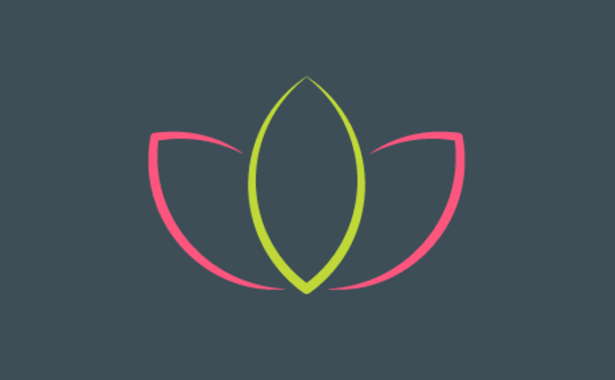 Simplistic drawing of a lotus flower with 3 petals in luminous pink and green on a grey background.