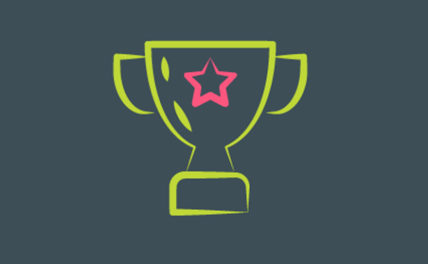 Drawing of an award cup in luminous green with a luminous pink star on the front, with a grey background.