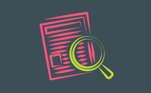 Drawing of a magnifying glass in luminous yellow on a pink document on a grey background.