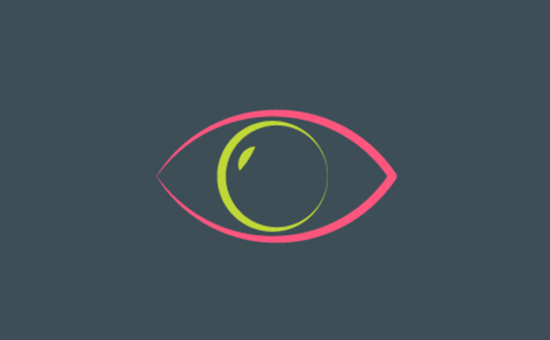 Drawing of an eye in luminous pink and green on a grey background.