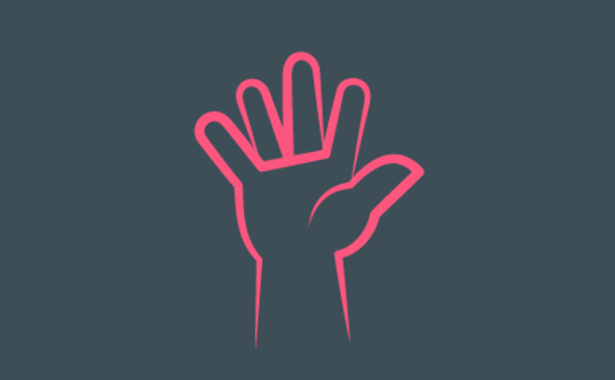 Drawing of a hand in luminous pink raised in the air on a grey background.