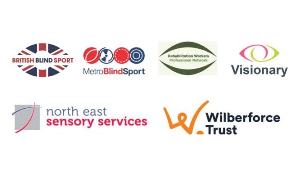 Logos of British Blind Sport, Metro Blind Sport, Rehabilitation Workers Professional Network, Visionary, North East Sensory Services and Wilberforce Trust