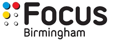 Focus Birmingham logo says "Focus Birmingham" in black font on a white background. To the left is the letter "F" in Braille.