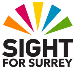 Sight for Surrey logo says "Sight for Surrey" at the bottom and has triangles of orange, red, yellow, blue and green above forming a semi circle.