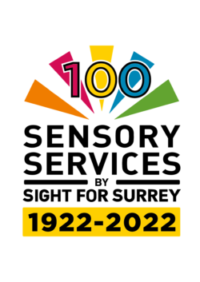 Sight for Surrey logo says "Sensory Services by Sight for Surrey 1922 – 2022" at the bottom. At the top there are triangles of orange, red, yellow, blue and green above forming a semi circle with ‘100’ in the centre.