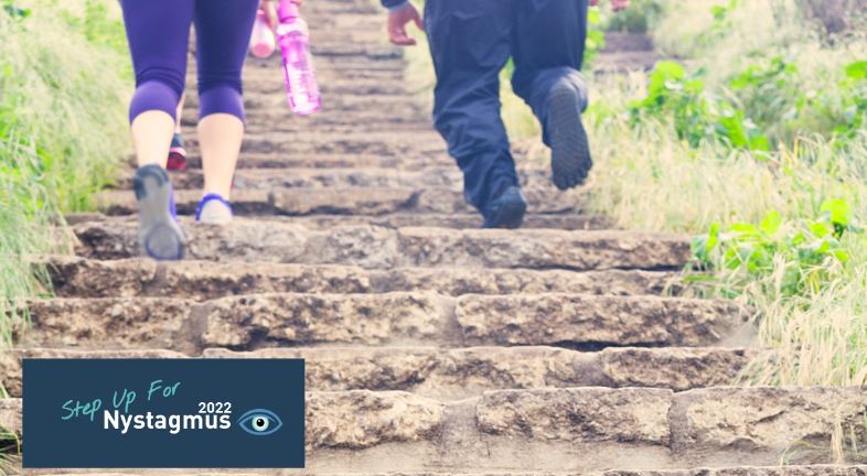 The Nystagmus Network Step Up For Nystagmus Logo. Image shows two people walking up outdoor stone steps.