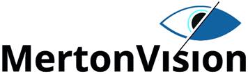 Merton Vision logo with an eye in the top right corner which has half the eye on the right side shaded in blue.