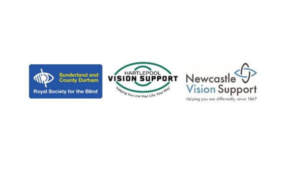 Logos for Sunderland and County Durham Royal Society for the Blind, Hartlepool Vision Support and Newcastle Vision Support.