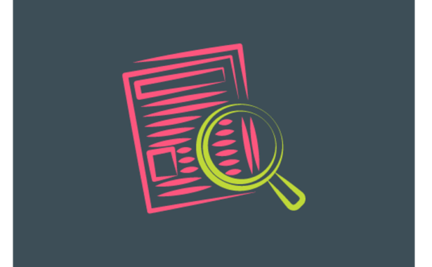 Drawing of a magnifying glass in luminous yellow on a pink document on a grey background.