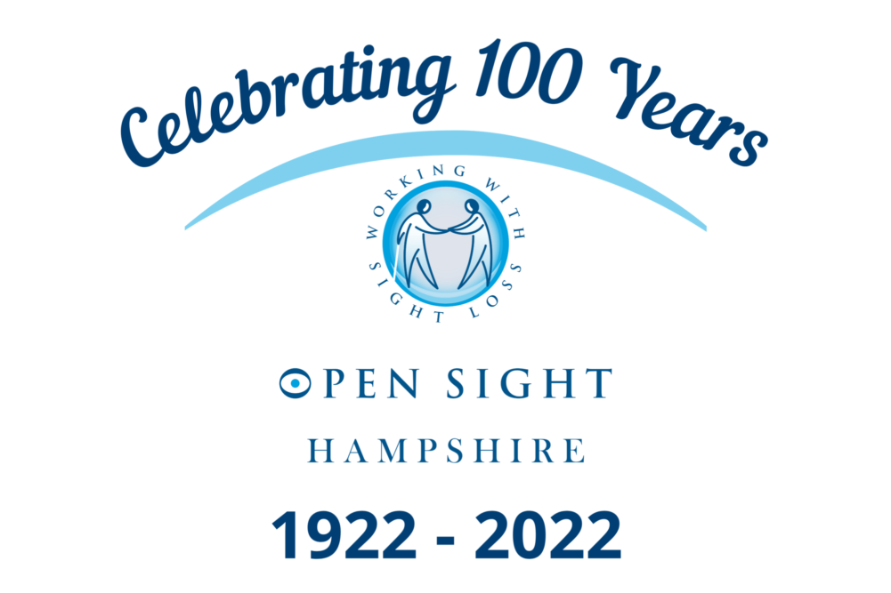 Open Sight Hampshire logo with “Celebrating 100 Years, 1922-2022”. An image of two people holding hands, one with a cane and around this it says “Working with sight loss”.