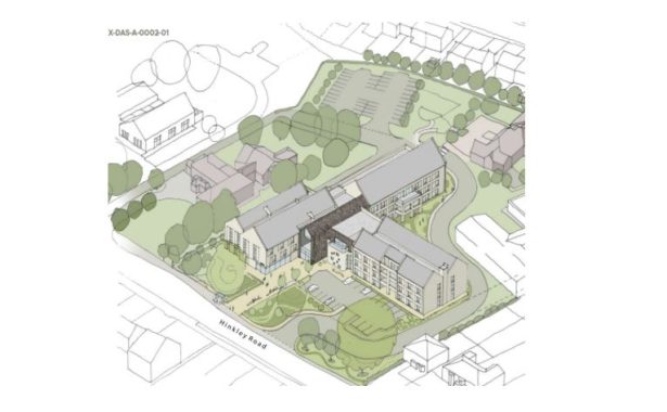Artist’s impression of the new Centre for Sight Loss. It is a T-shaped building with two and three storey elements surrounded by a mixture of soft and hard landscaping.
