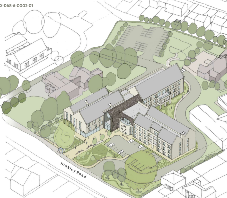 artist’s impression of the new Centre for Sight Loss. It is a T-shaped building with two and three storey elements surrounded by a mixture of soft and hard landscaping.