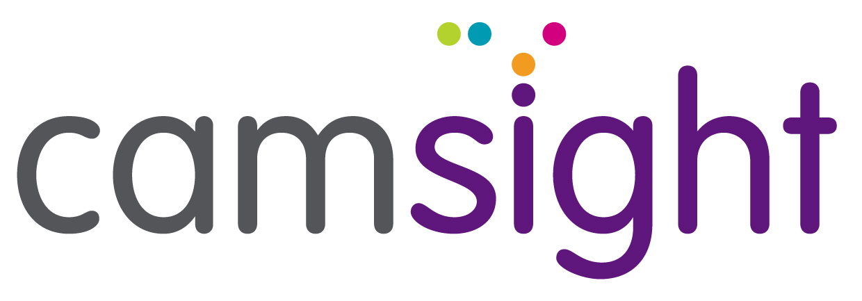 Cam Sight logo. Letters ‘cam’ are grey in colour and ‘sight’ lettering is purple. Blue, green, pink and yellow dots above the ‘i’ represent Braille letters CS