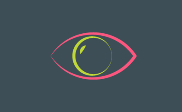 Drawing of an eye in luminous pink and green on a grey background.