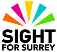 Sight for Surrey logo says "Sight for Surrey" at the bottom and has triangles of orange, red, yellow, blue and green above forming a semi circle.