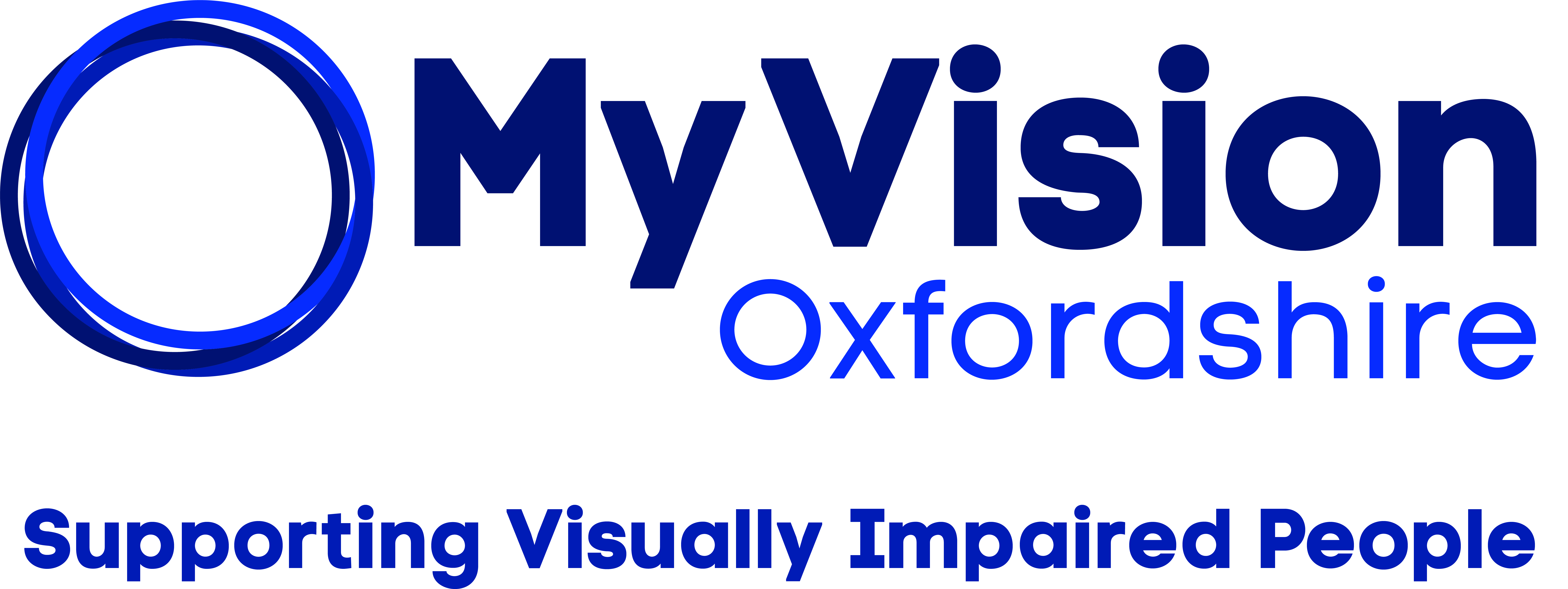MyVision logo, 3 rings intersecting to the left of the words MyVision Oxfordshire with the strapline Supporting Visually Impaired People